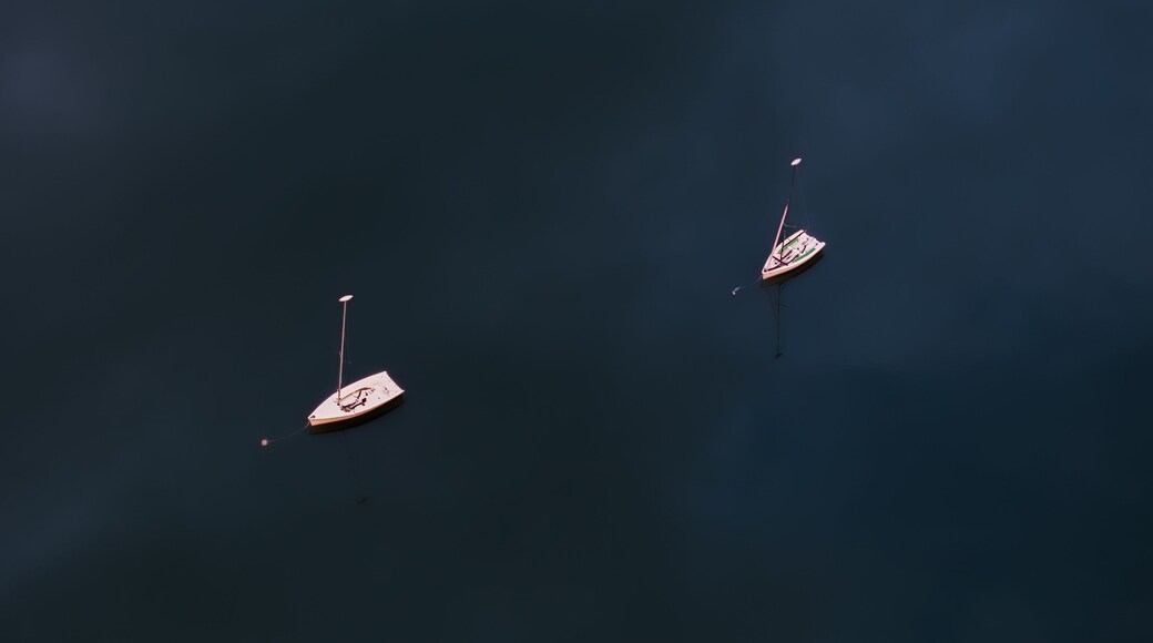 Aerial view of two sailboats floating serenely on the dark, rippled water, their white hulls contrasting against the deep blue, Boston, Massachusetts, United States.