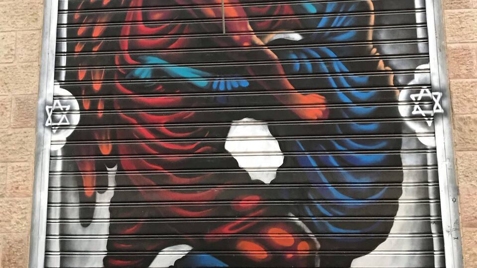 A mural of a lion on a metal shutter.
