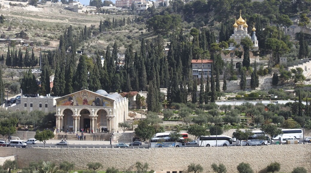 Great view of the Church of All Nations on the Mount of Olives from the eastern wall of Jerusalem basically in front of the Golden Gate.