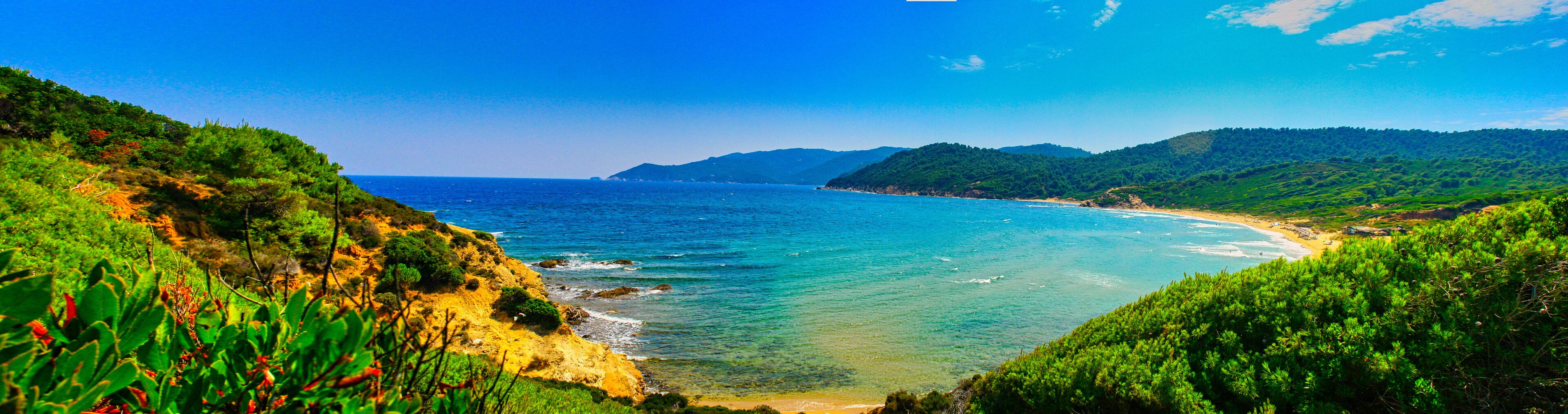 Panorama of Agia Eleni Beach in Skiathos, Greece