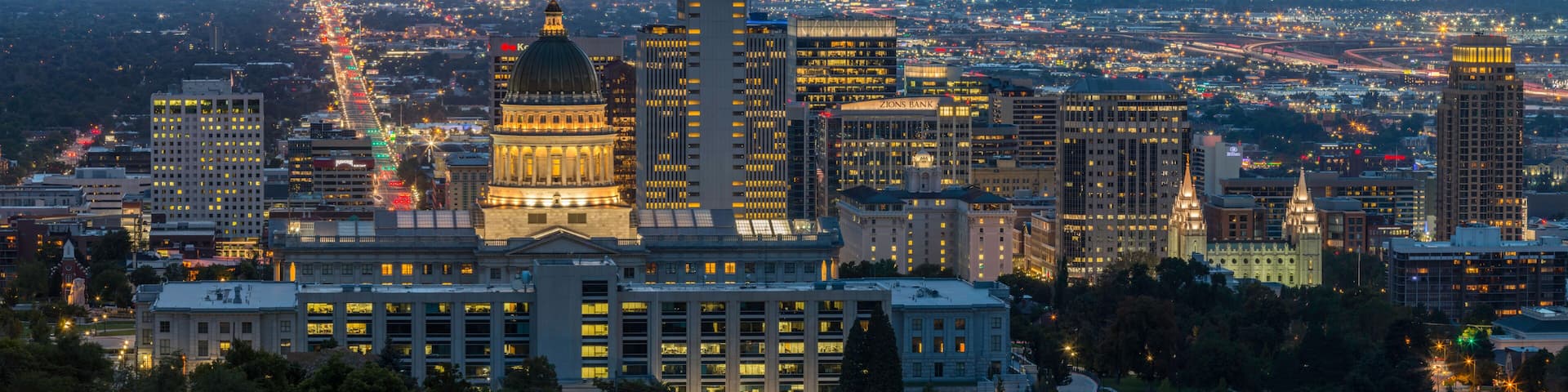 Nighttime panoramic overlooking the capitol building and Salt Lake City skyline
