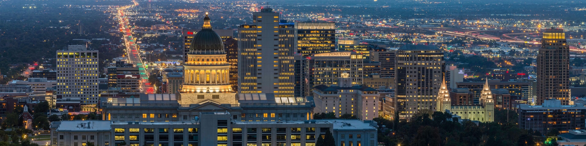 Nighttime panoramic overlooking the capitol building and Salt Lake City skyline
