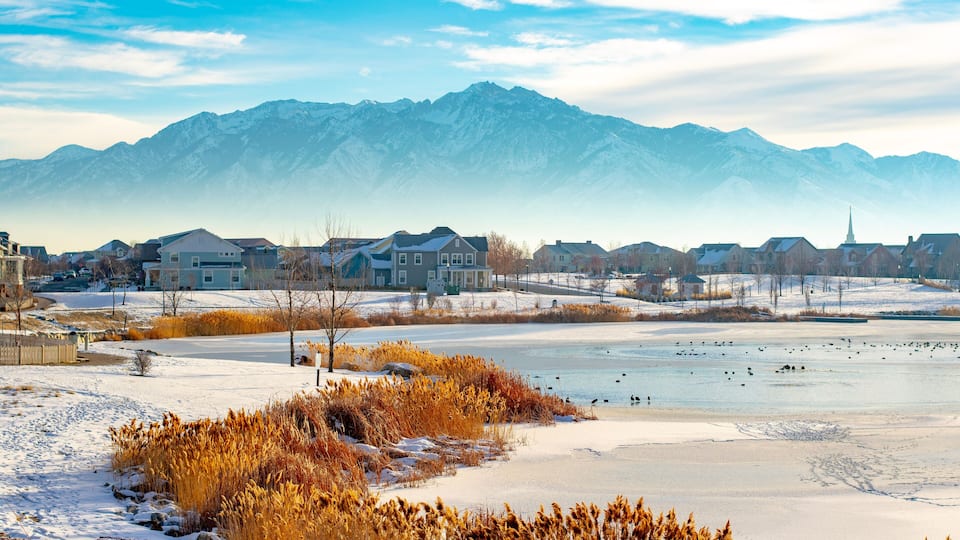 A residential area with houses, a frozen lake, and mountains in the background.