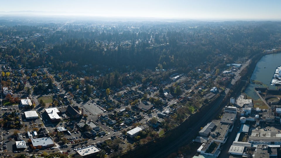 An aerial view of a river flowing through a city with industrial areas and dense forests.