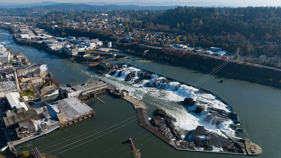 A river with a dam and a waterfall, surrounded by industrial buildings and a forested area.