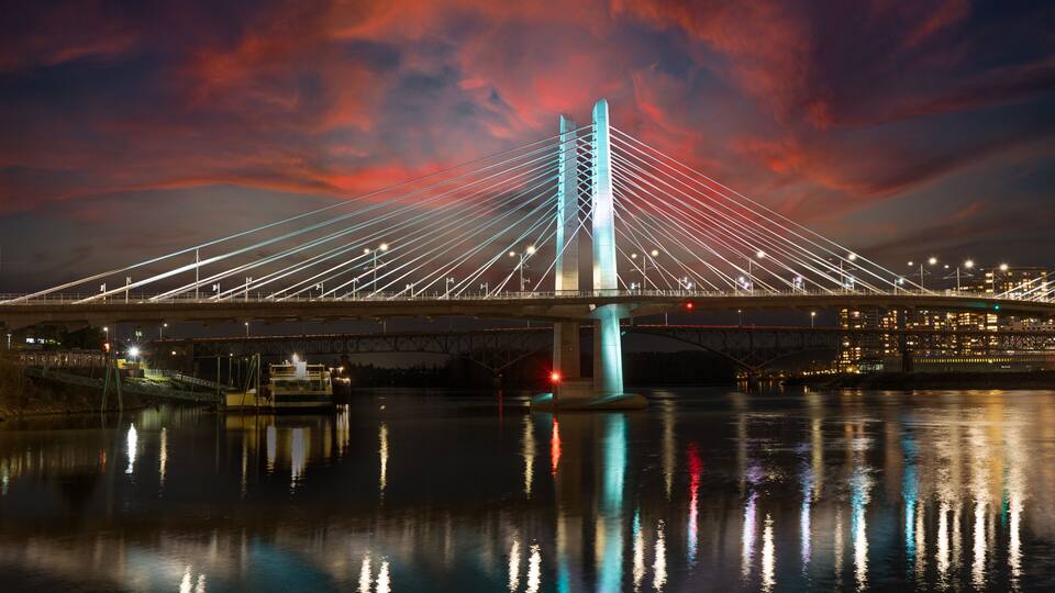 A bridge with cables and lights at night, reflecting on the water.