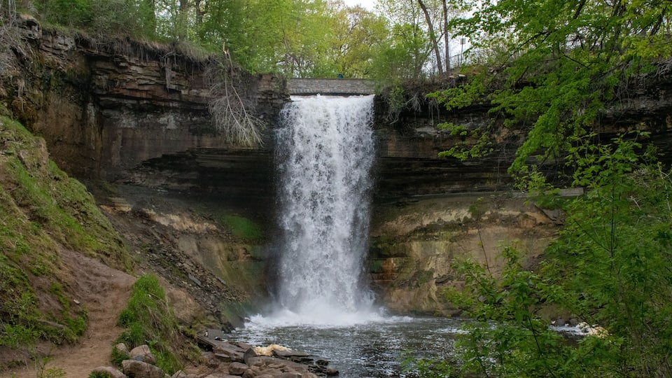 A waterfall cascading down a rocky cliff into a river surrounded by lush greenery.