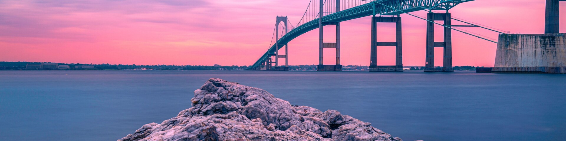 Dramatic beautiful sunset landscape over Jamestown Verrazzano Bridge and Narragansett Bay in North Kingstown, Rhode Island