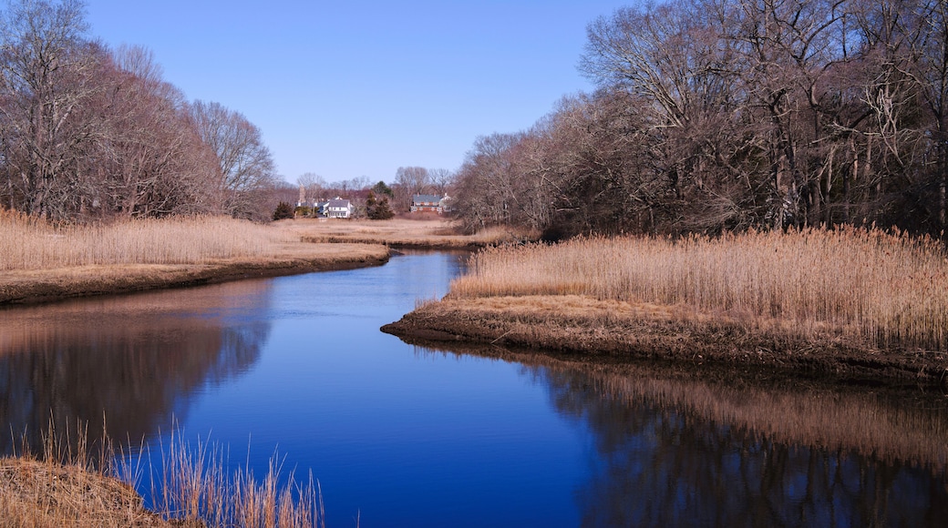 Westbrook Connecticut Landscape over the Patchogue River along the Salt Meadow National Wildlife Refuge in USA: A tranquil green space for fishing, hiking and walking in New England of America