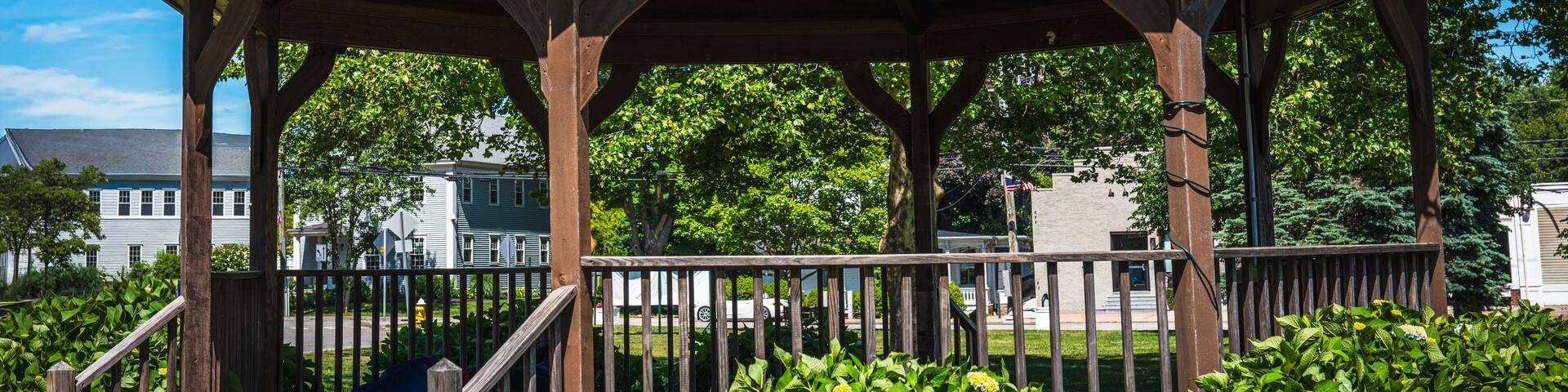 Rustic pavilion at Westbrook historic district in Middlesex County, Connecticut, a charming coastal New England town on the Long Island Sound, USA