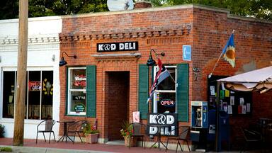 A brick building with a sign reading "K&D Deli". There are two chairs outside, a flag, and a neon sign for Budweiser.