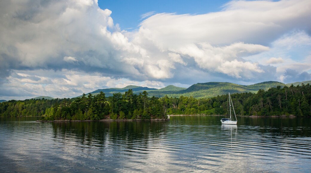 Sailboat moored near Cole Island on a summer day on Lake Champlain