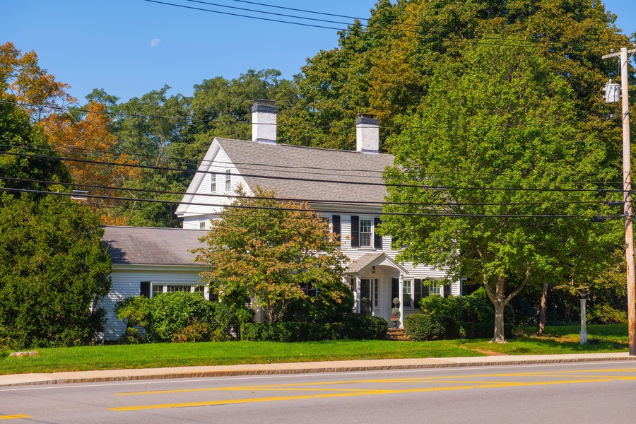 Historic colonial style building on High Street in historic town center of Westwood, Massachusetts MA, USA.