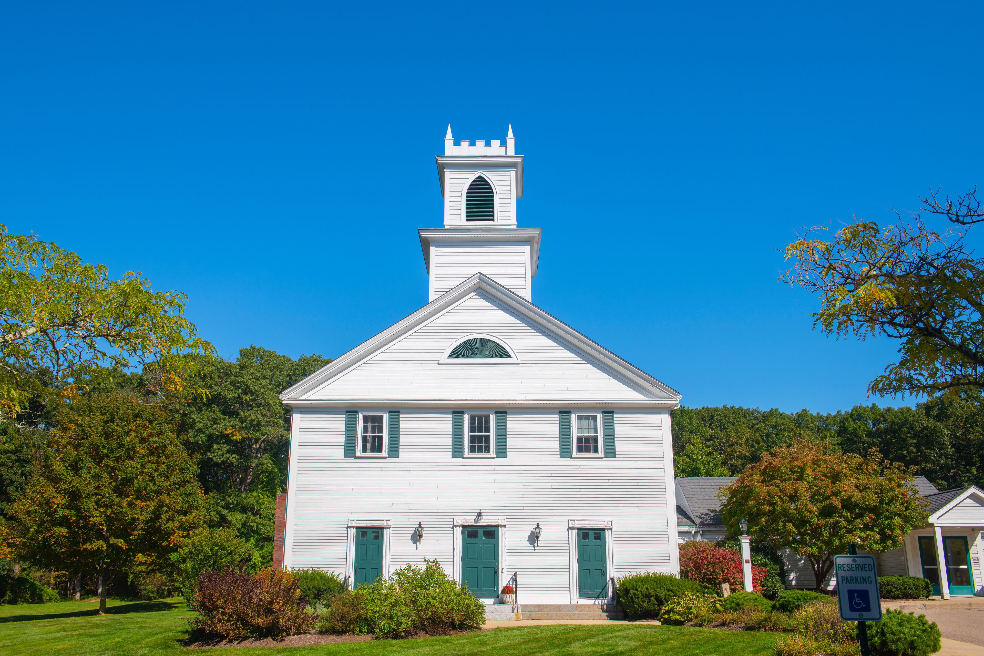 First Baptist Church at 808 High Street in historic town center of Westwood, Massachusetts MA, USA. 