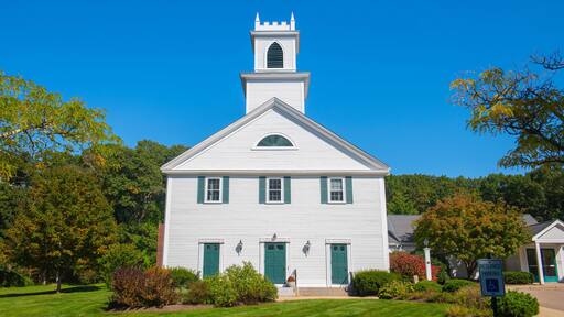 First Baptist Church at 808 High Street in historic town center of Westwood, Massachusetts MA, USA.