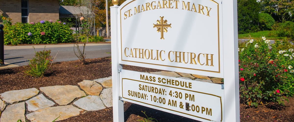 St. Margaret Mary Catholic Church at 845 High Street in historic town center of Westwood, Massachusetts MA, USA.