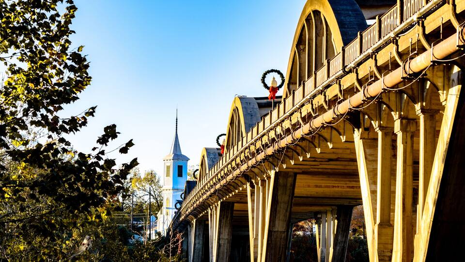 A bridge with ornate arches and a tower in the background.