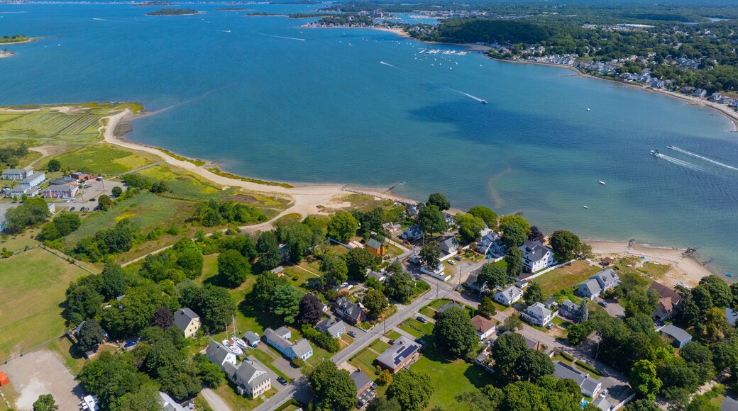 Weymouth Fore River mouth aerial view to Hingham Bay at Rock Island Cove in city of Quincy, Massachusetts MA, USA.