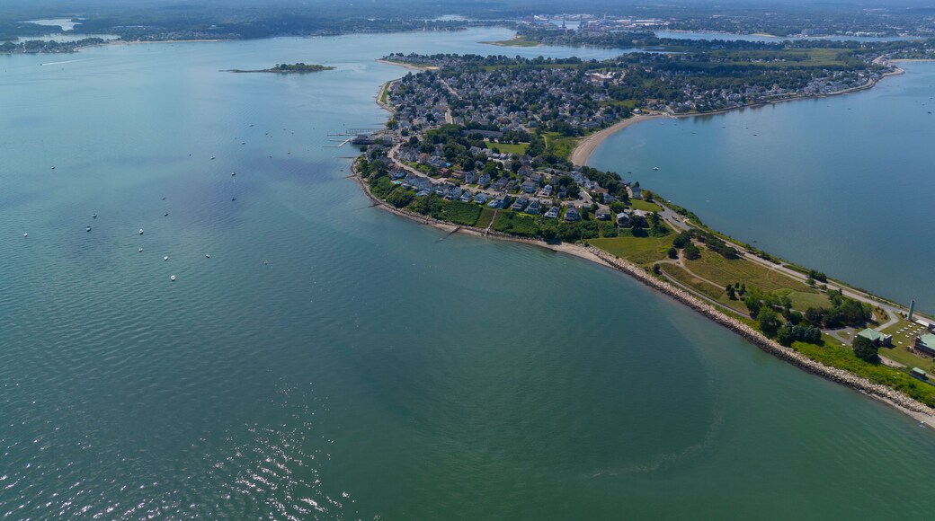 Houghs Neck and Nut Island aerial view between Weymouth Fore River and Quincy Bay in city of Quincy, Massachusetts MA, USA.