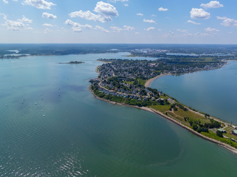 Houghs Neck and Nut Island aerial view between Weymouth Fore River and Quincy Bay in city of Quincy, Massachusetts MA, USA.