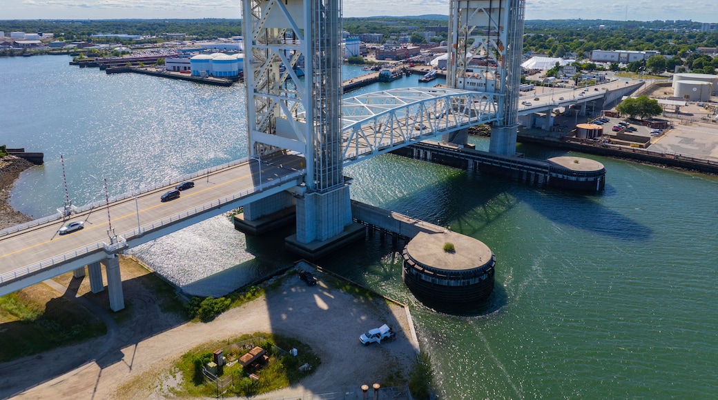Fore River Bridge aerial view across Weymouth Fore River between Quincy and Weymouth, Massachusetts MA, USA.