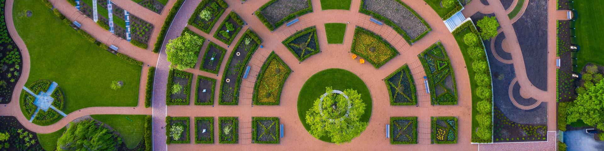Aerial view of the flower beds of Cantigny Park in Wheaton, IL in early spring, USA.