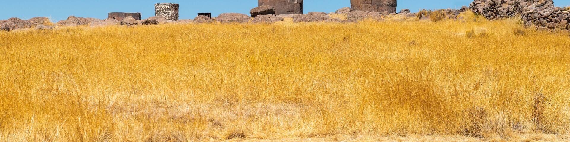 Landscape of Inca grave towers in Sillustani in the Titicaca Lake region nearby Puno city, Peru.