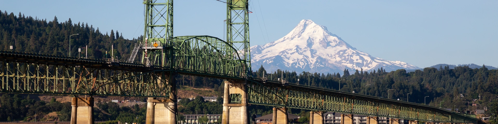 Beautiful View of Hood River Bridge going over Columbia River with Mt Hood in the background. Taken in White Salmon, Washington, USA.