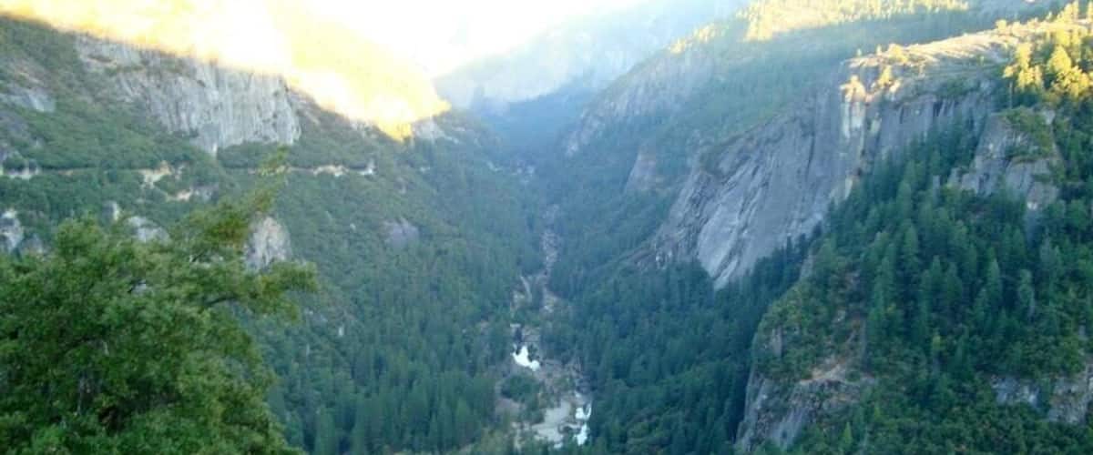 A canyon with dense forest and a river running through it.