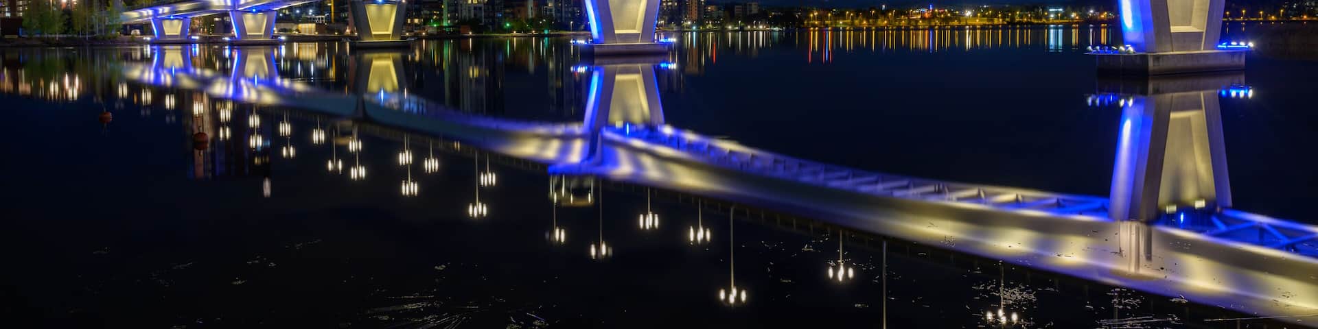 Kuokkala bridge at night, Jyväsjärvi, Jyväskylä city. Finland