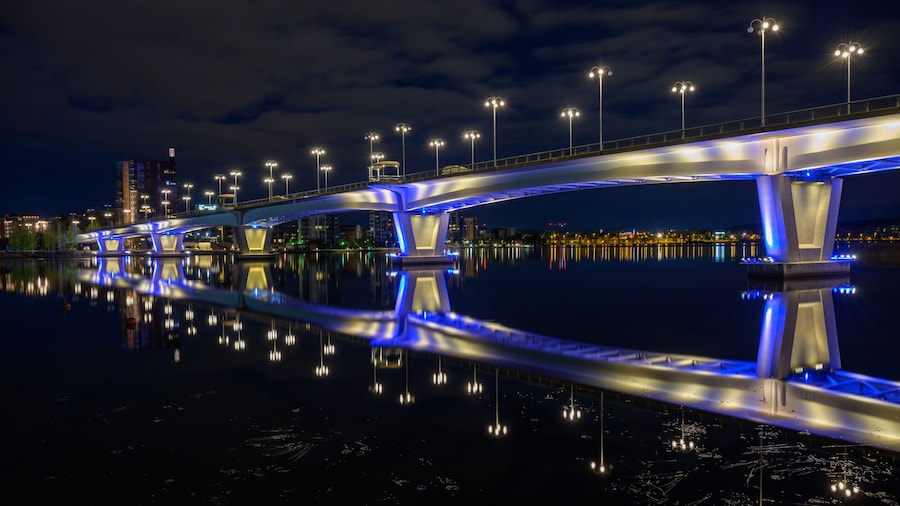 Kuokkala bridge at night, Jyväsjärvi, Jyväskylä city. Finland