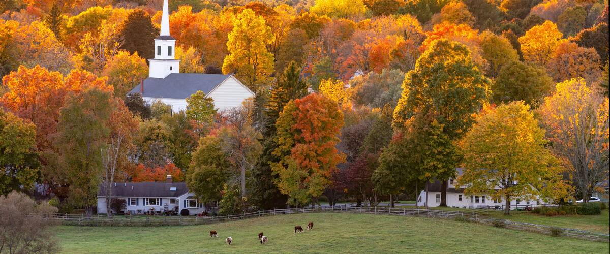 A white church with a steeple surrounded by autumn-colored trees.