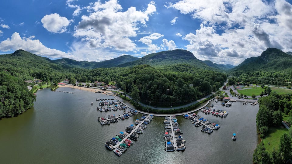 Boats docked and puffy clouds in North Carolina