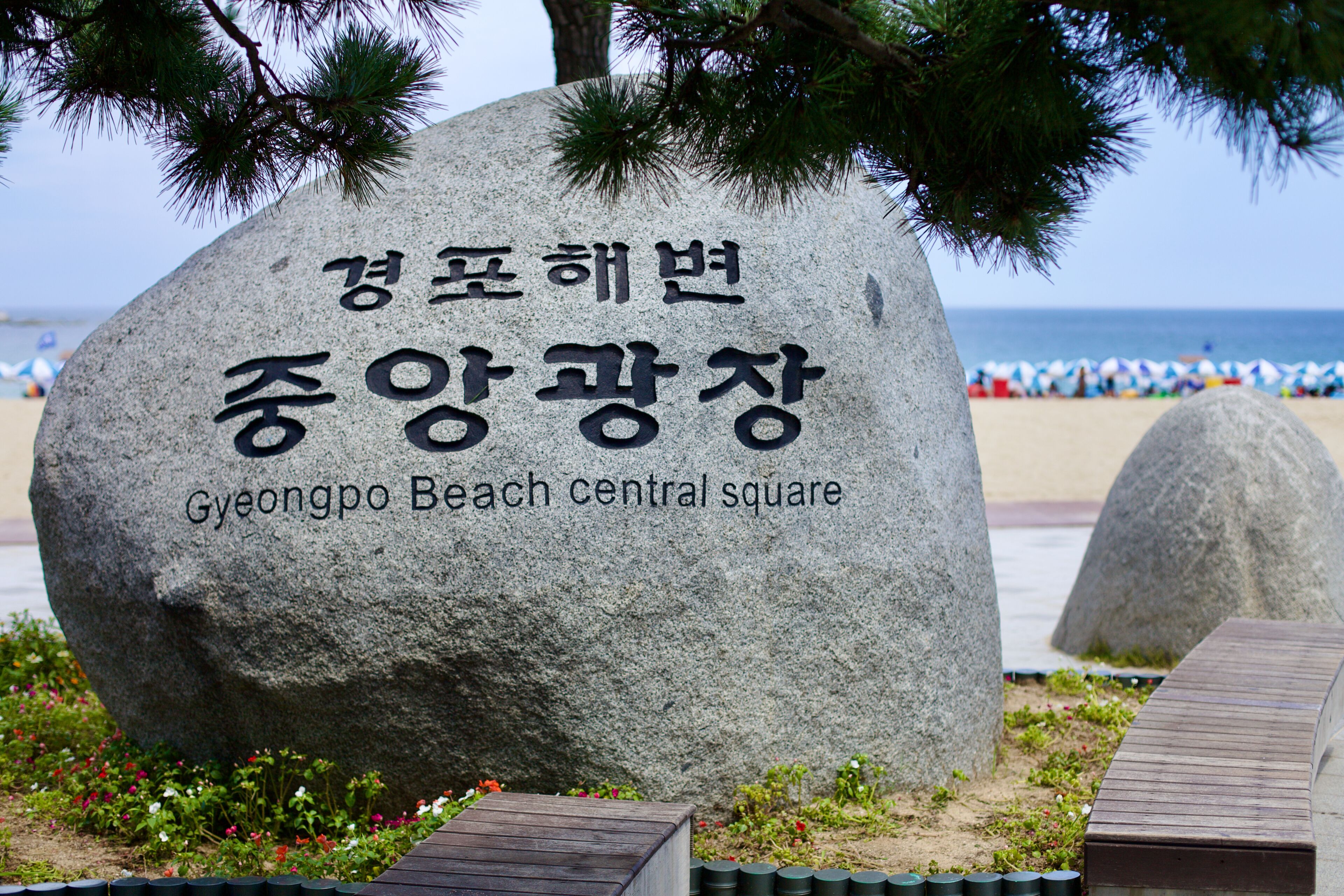 A large stone with Korean text and English translation indicating 'Gyeongpo Beach central square.'
