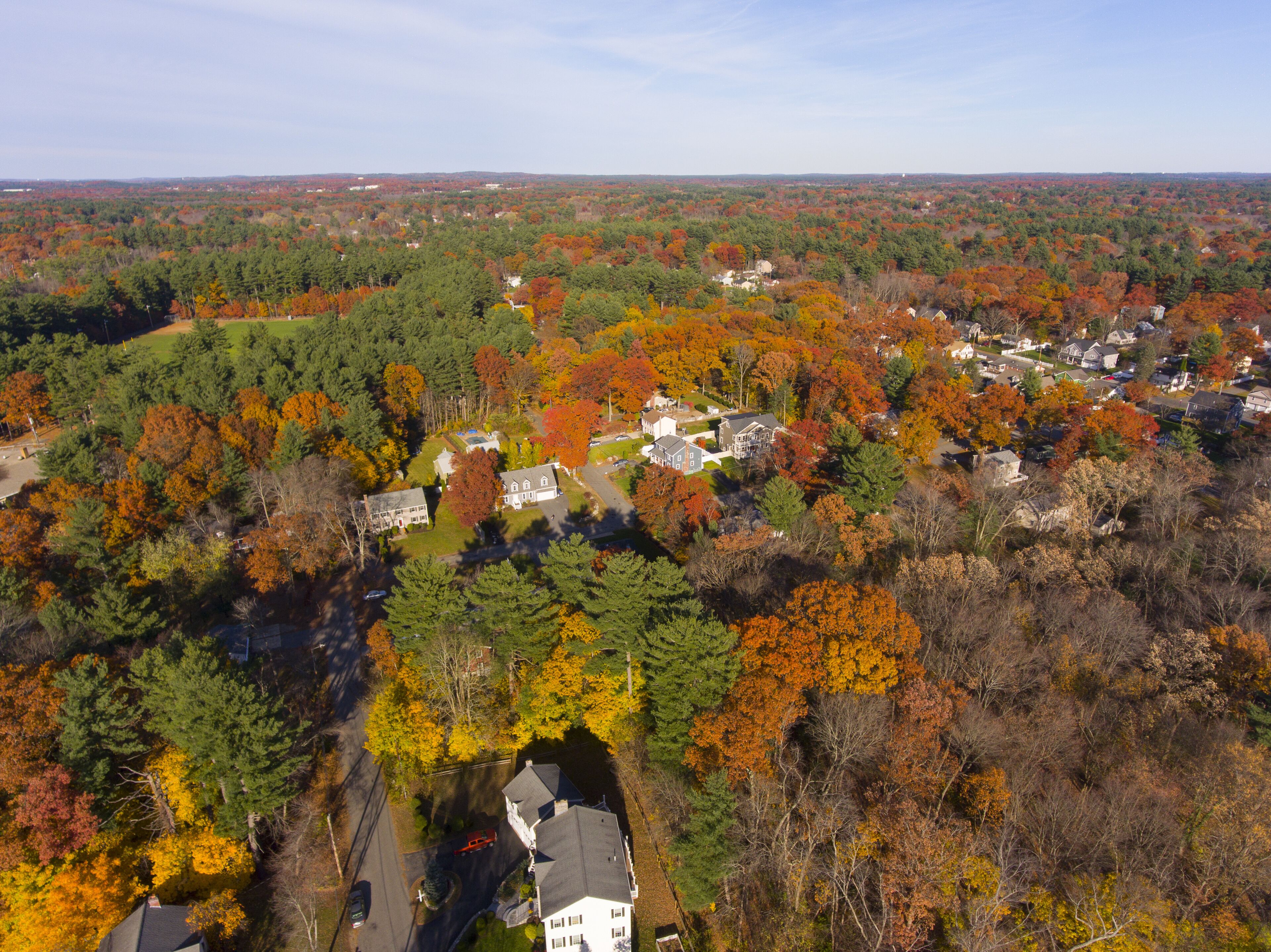 Aerial view of Wilmington historic town center with fall foliage, Wilmington, Massachusetts, USA.