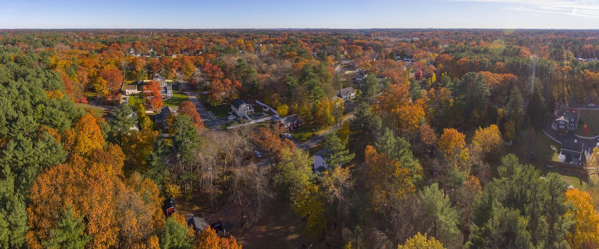 Aerial view of Wilmington historic town center with fall foliage panorama, Wilmington, Massachusetts, USA.