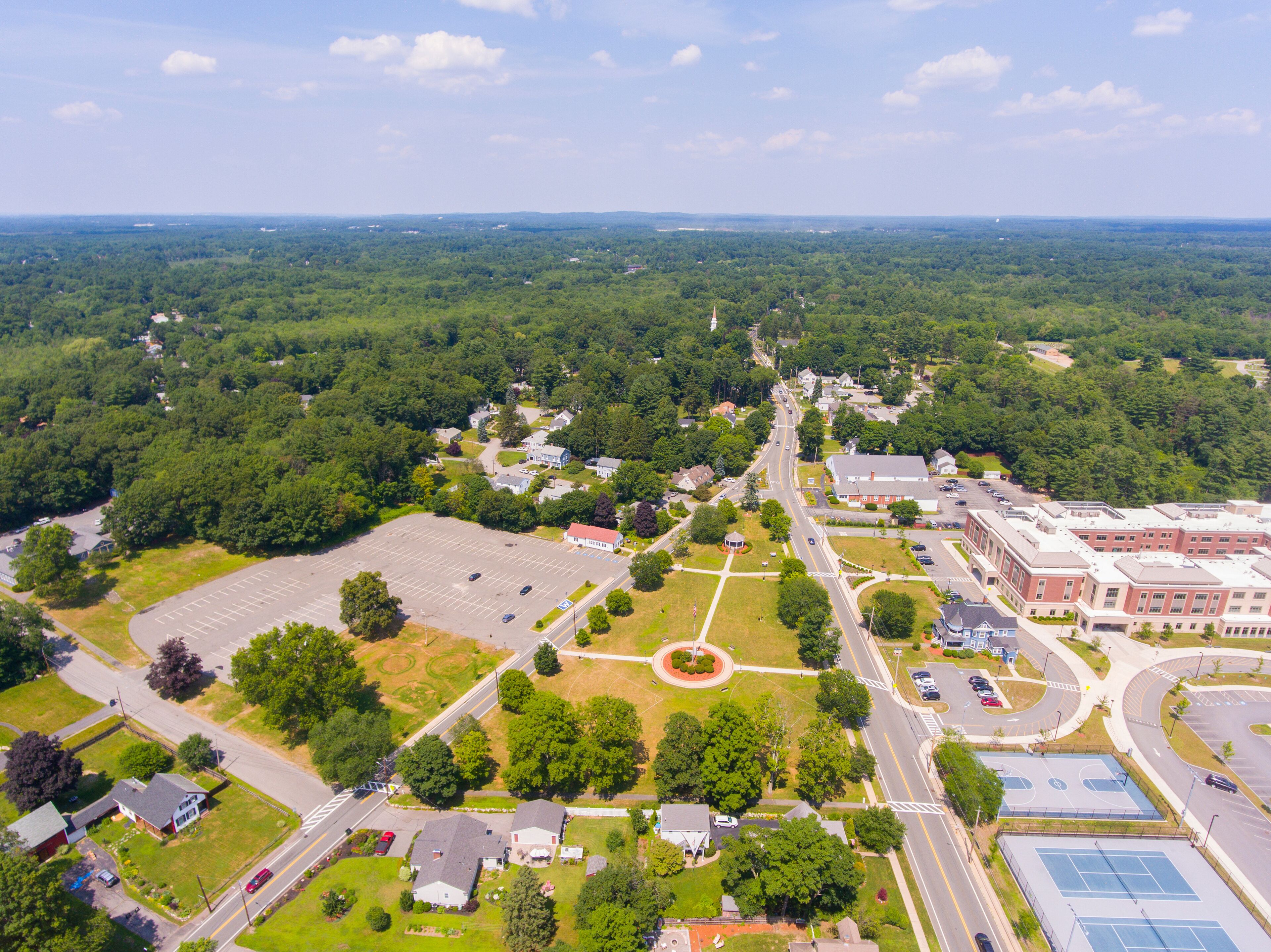 Wilmington historic town center aerial view at Town Common with Wilmington Public High School in summer in town of Wilmington, Massachusetts MA, USA. 