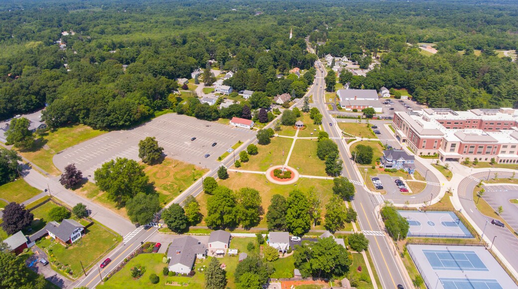 Wilmington historic town center aerial view at Town Common with Wilmington Public High School in summer in town of Wilmington, Massachusetts MA, USA.