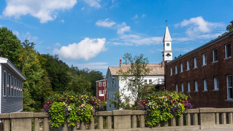 bridge with lovely flower arrangements in old New England town