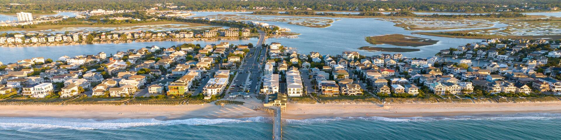 Drone photo of the Johnnie Mercers Fishing Pier in Wrightsville Beach, NC.