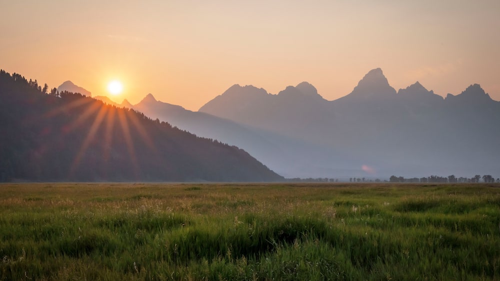 A sunrise over a mountain range with a field in the foreground.