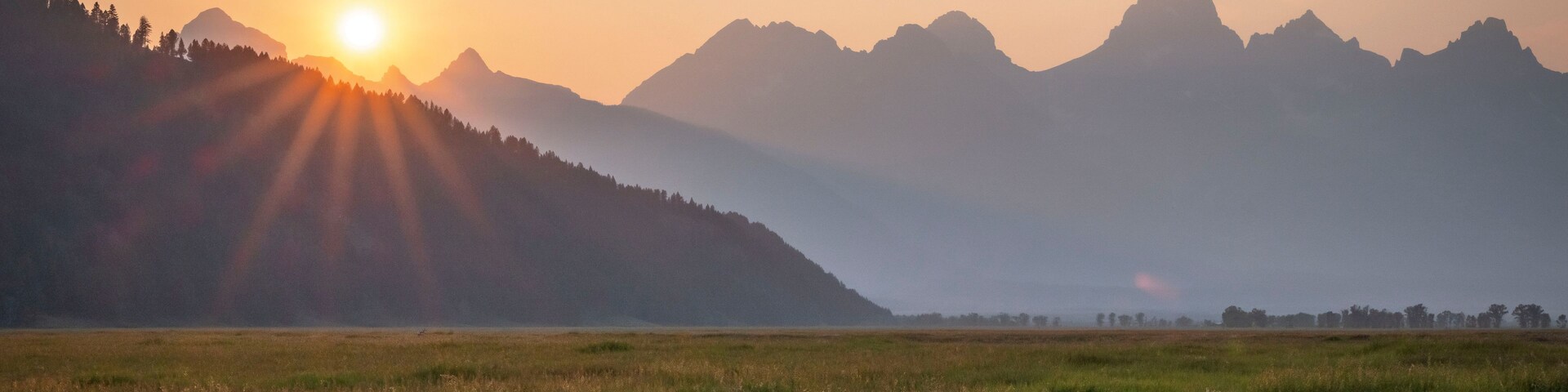 A sunrise over a mountain range with a field in the foreground.