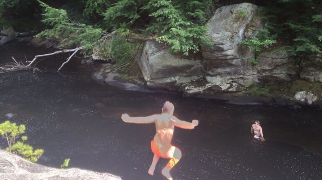 Secret swimming hole, about a 15' drop to deep river water. Great place for an off the beaten path swim, easy parking and walk is about 1000'