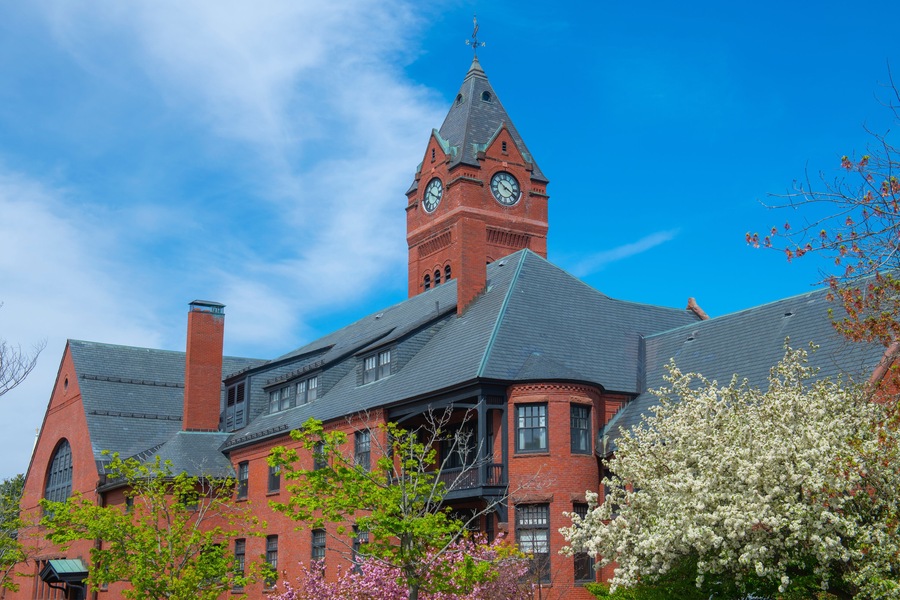 Winchester Town Hall at 71 Mt Vernon Street in historic town center of Winchester, Middlesex County, Massachusetts MA, USA.