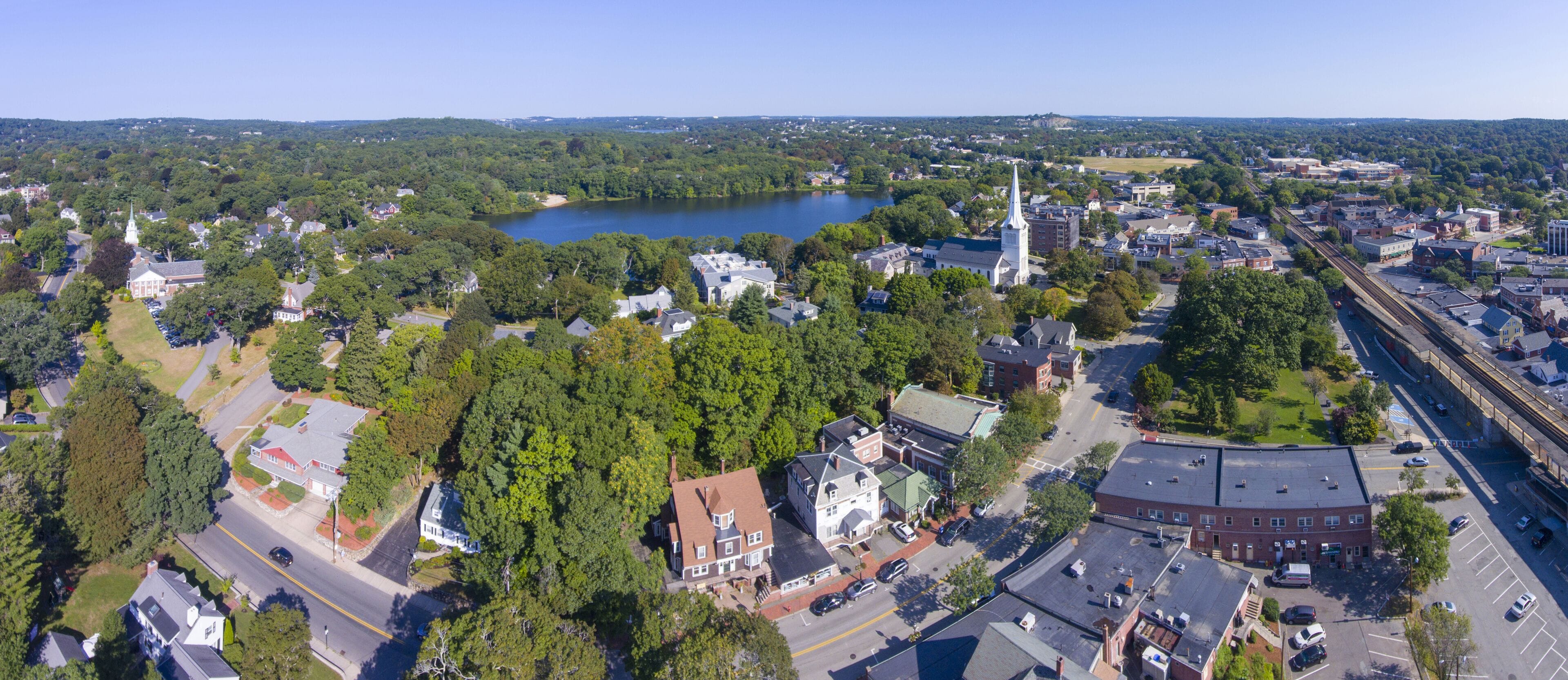Aerial view of Winchester Center Historic District and First Congregational Church panorama in downtown Winchester, Massachusetts, USA.
