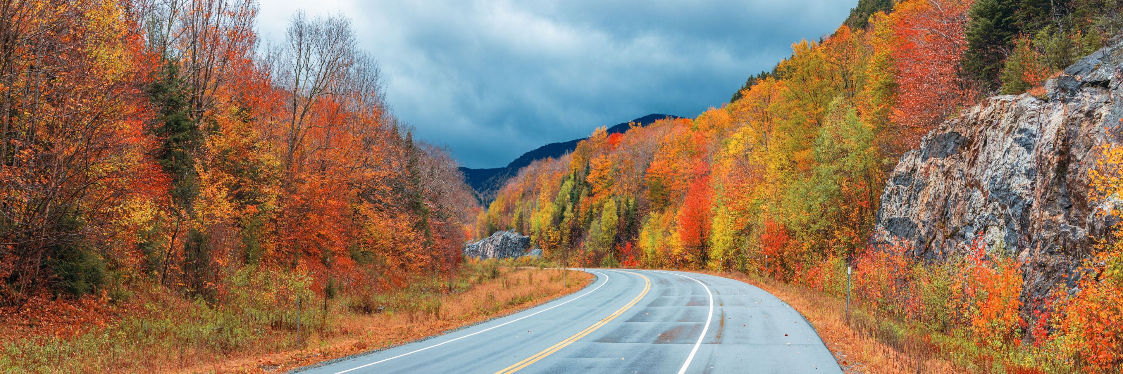 A winding road through a forest with autumn foliage, a rocky cliff on the right, and a mountain in the background.