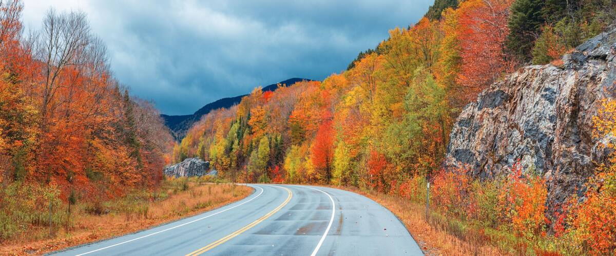 A winding road through a forest with autumn foliage, a rocky cliff on the right, and a mountain in the background.