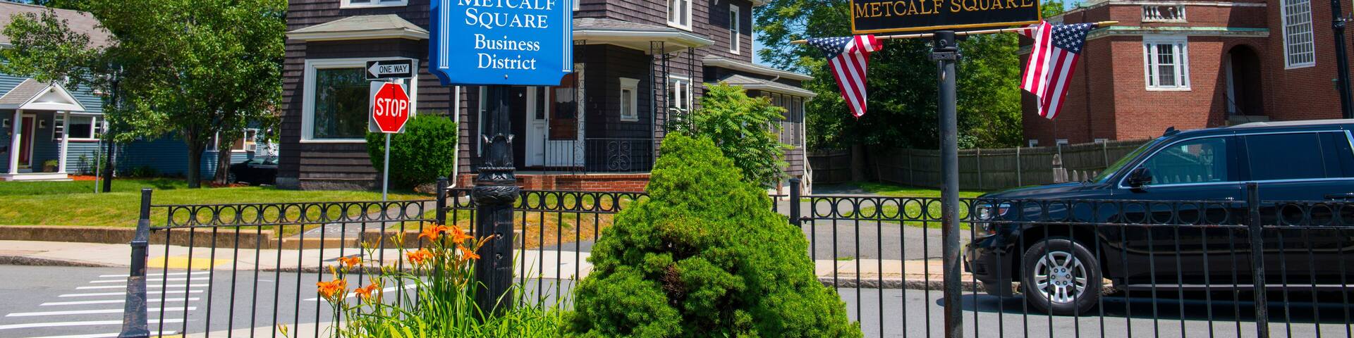 Sign of Metcalf Square at town center of Winthrop in Massachusetts MA, USA.