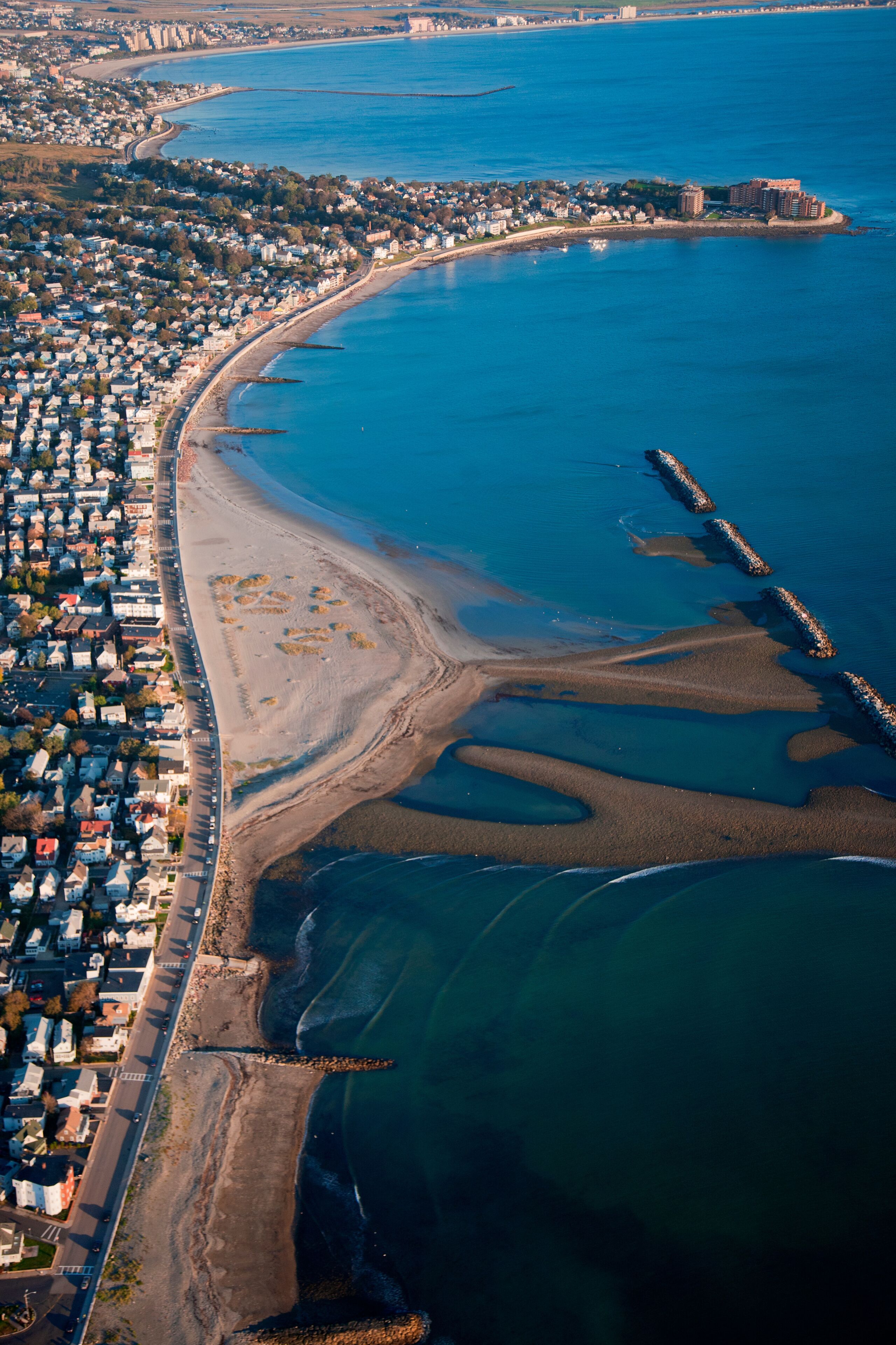 AERIAL VIEW of Winthrop Parkway, Winthrop-by-the-sea, Massachusetts Bay, Boston, MA, morning view of beach town.