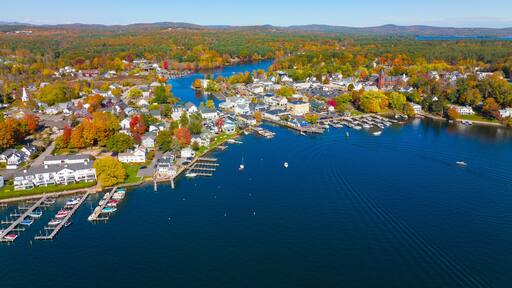 Wolfeboro historic town center at Lake Winnipesaukee aerial view in fall on Main Street, town of Wolfeboro, New Hampshire NH, USA.